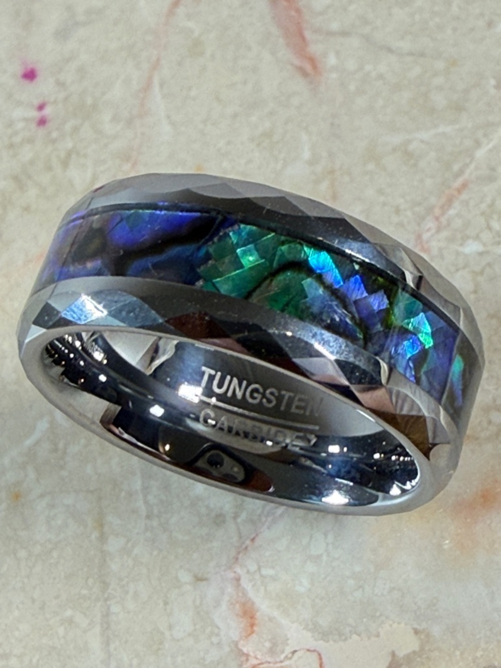 Tungsten Ring with Blue-Green Abalone Inlay, Size 7.75”